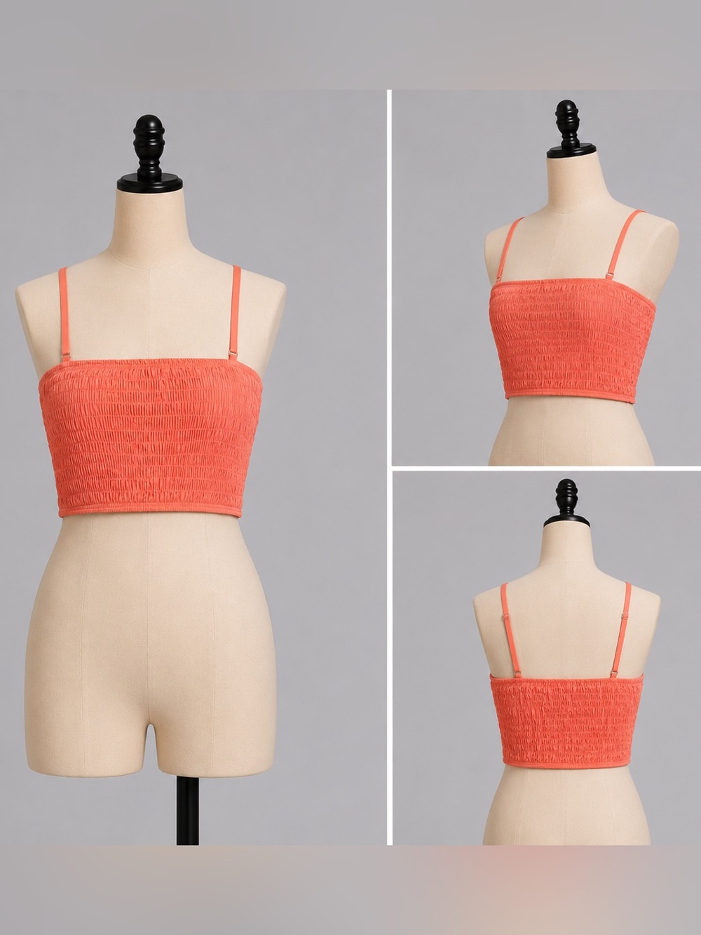 Self contrast coral smocked crop cami